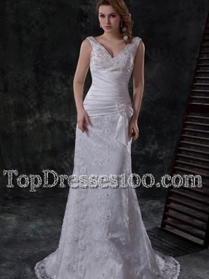 White Column/Sheath V-neck Sleeveless Lace Brush Train Lace Up Beading and Lace and Appliques and Ruching and Bowknot Wedding Gown