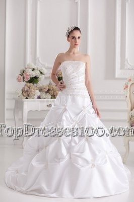 Sleeveless Beading and Ruching and Pick Ups Zipper Wedding Dress with White Brush Train