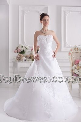 Lovely White Satin Zipper Sweetheart Sleeveless With Train Wedding Gowns Brush Train Beading and Appliques