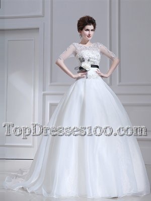Scoop White Half Sleeves With Train Beading and Appliques Zipper Wedding Dresses