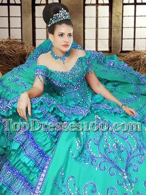 Elegant Floor Length Turquoise Quinceanera Gowns Off The Shoulder Sleeveless Lace Up