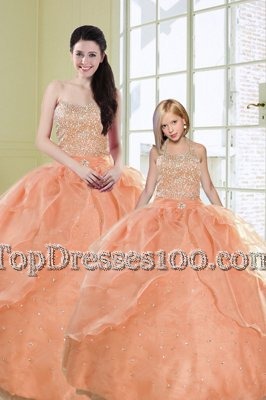 Super Orange Lace Up Quince Ball Gowns Beading and Sequins Sleeveless Floor Length