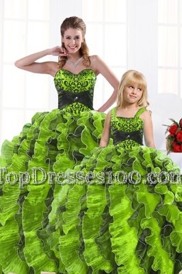 Organza Sweetheart Sleeveless Lace Up Beading and Appliques and Ruffles Quince Ball Gowns in Olive Green