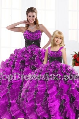 Fuchsia Ball Gowns Sweetheart Sleeveless Organza Floor Length Lace Up Beading and Appliques and Ruffles Vestidos de Quinceanera