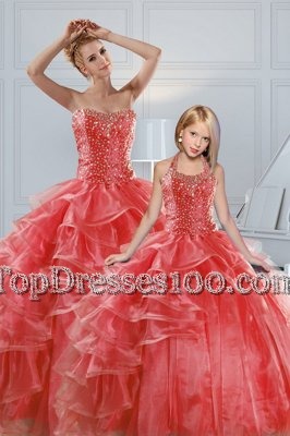 High Class Coral Red Lace Up Ball Gown Prom Dress Beading and Ruffled Layers Sleeveless Floor Length