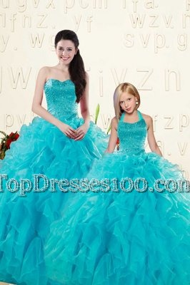 Adorable Aqua Blue Ball Gowns Sweetheart Sleeveless Organza Floor Length Lace Up Beading and Ruffles Quinceanera Dresses