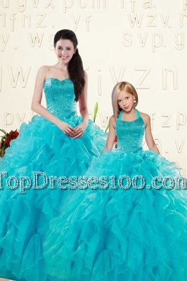 Adorable Aqua Blue Ball Gowns Sweetheart Sleeveless Organza Floor Length Lace Up Beading and Ruffles Quinceanera Dresses
