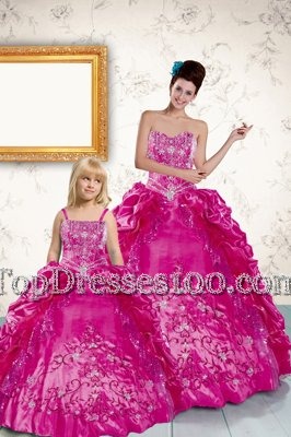 Sleeveless Taffeta Floor Length Lace Up Quince Ball Gowns in Fuchsia for with Beading and Appliques and Pick Ups