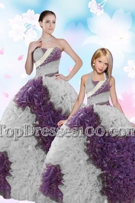 Captivating White And Purple Ball Gowns Strapless Sleeveless Fabric With Rolling Flowers Floor Length Lace Up Beading and Sequins Quinceanera Dresses