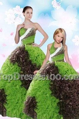 Customized Green Ball Gowns Fabric With Rolling Flowers Strapless Sleeveless Beading and Sequins Floor Length Lace Up 15 Quinceanera Dress