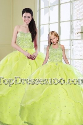 Top Selling Floor Length Lace Up 15th Birthday Dress Yellow Green and In for Military Ball and Sweet 16 and Quinceanera with Beading and Sequins
