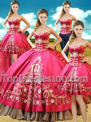 Four Piece Hot Pink Ball Gowns Sweetheart Sleeveless Taffeta Floor Length Lace Up Beading and Embroidery 15 Quinceanera Dress
