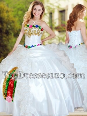 Floor Length White Ball Gown Prom Dress Organza and Taffeta Sleeveless Beading and Appliques and Ruffles
