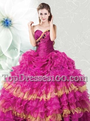 Gorgeous Fuchsia Lace Up Sweetheart Ruffles and Ruffled Layers Sweet 16 Quinceanera Dress Organza Sleeveless