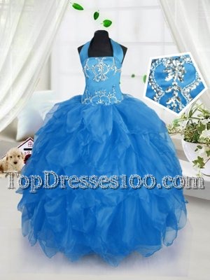 Extravagant Halter Top Floor Length Baby Blue Casual Dresses Organza Sleeveless Appliques and Ruffles
