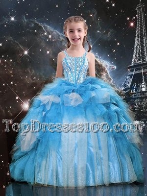 Eye-catching Baby Blue Organza Lace Up Spaghetti Straps Sleeveless Floor Length Party Dress for Girls Beading and Ruffles