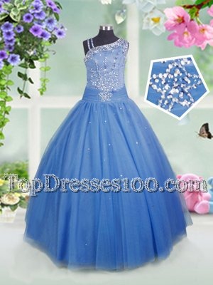 Charming Baby Blue Asymmetric Side Zipper Beading Party Dress for Girls Sleeveless
