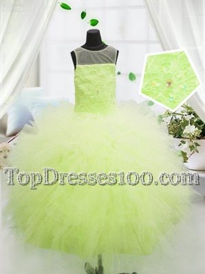 Yellow Green Tulle Zipper Scoop Sleeveless Floor Length Custom Made Beading and Appliques