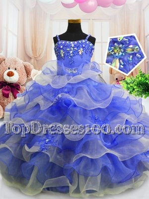 Noble Blue Spaghetti Straps Neckline Beading and Ruffled Layers Little Girl Pageant Gowns Sleeveless Zipper