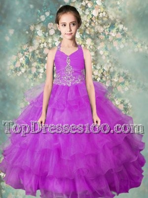 Fashion Organza Halter Top Sleeveless Zipper Beading and Ruffled Layers Flower Girl Dresses for Less in Lavender