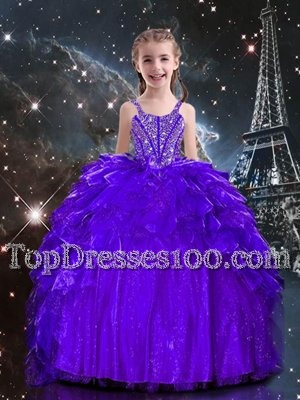 Dark Purple Spaghetti Straps Neckline Beading and Ruffles Flower Girl Dresses for Less Sleeveless Lace Up