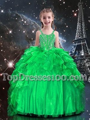 Apple Green Ball Gowns Spaghetti Straps Sleeveless Organza Floor Length Lace Up Beading and Ruffles Custom Made