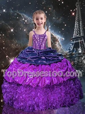 Luxurious Eggplant Purple Organza Lace Up Little Girls Pageant Gowns Sleeveless Floor Length Beading and Ruffles and Pick Ups