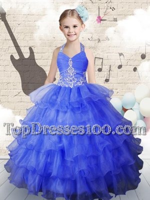 Deluxe Royal Blue Organza Lace Up Halter Top Sleeveless Floor Length Flower Girl Dress Beading and Ruffled Layers