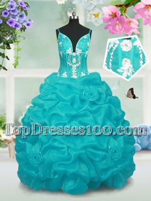 Elegant Floor Length Baby Blue Party Dress for Girls Taffeta Sleeveless Beading and Pick Ups