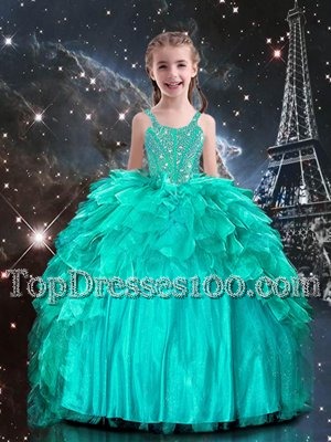 Ball Gowns Flower Girl Dress Aqua Blue Spaghetti Straps Organza Sleeveless Floor Length Lace Up