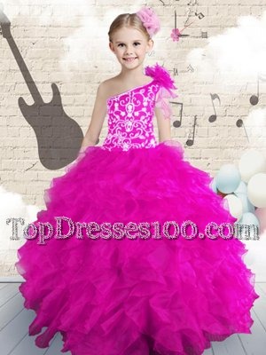 Deluxe One Shoulder Sleeveless Party Dress for Girls Floor Length Embroidery and Ruffles and Hand Made Flower Hot Pink Organza
