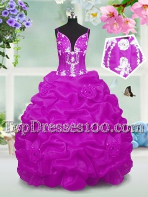 Sleeveless Taffeta Floor Length Lace Up Little Girl Pageant Gowns in Fuchsia for with Beading and Appliques and Pick Ups