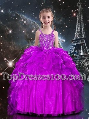 Fuchsia Ball Gowns Organza Spaghetti Straps Sleeveless Beading and Ruffles Floor Length Lace Up Party Dresses