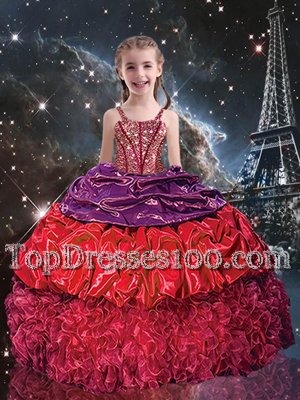 Superior Red Organza Lace Up Spaghetti Straps Sleeveless Floor Length Party Dresses Beading and Ruffles and Pick Ups