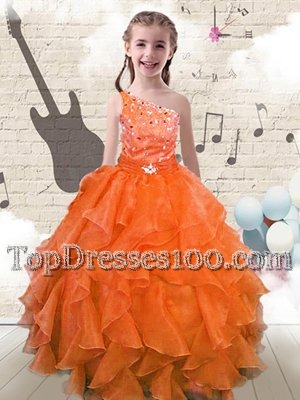 Luxury One Shoulder Beading and Ruffled Layers and Pick Ups Juniors Party Dress Orange Lace Up Sleeveless Floor Length