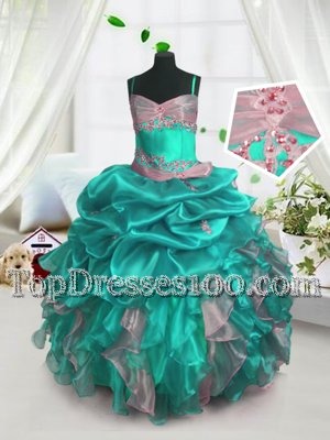Spaghetti Straps Sleeveless Little Girls Pageant Dress Wholesale Floor Length Beading and Ruffles and Pick Ups Turquoise Organza