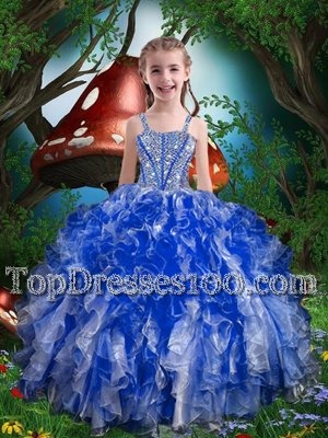 Beautiful Floor Length Royal Blue Little Girls Pageant Dress Spaghetti Straps Sleeveless Lace Up