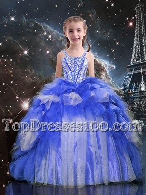 Blue Organza Lace Up Spaghetti Straps Sleeveless Floor Length Party Dress for Toddlers Beading and Ruffles