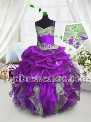 Lavender Spaghetti Straps Lace Up Beading and Ruffles and Pick Ups Flower Girl Dresses for Less Sleeveless