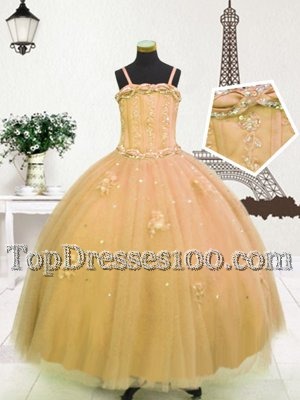 High Quality Light Yellow and Gold Tulle Zipper Spaghetti Straps Sleeveless Floor Length Toddler Flower Girl Dress Beading and Appliques
