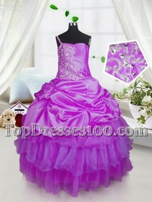 Affordable One Shoulder Sleeveless Casual Dresses Floor Length Beading and Ruffled Layers and Pick Ups Lavender Satin and Tulle