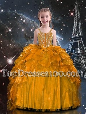 Comfortable Orange Ball Gowns Spaghetti Straps Sleeveless Organza Floor Length Lace Up Beading and Ruffles Little Girl Pageant Gowns