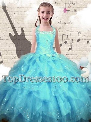 Custom Designed Aqua Blue Lace Up Halter Top Beading and Ruffles Flower Girl Dresses for Less Organza Sleeveless