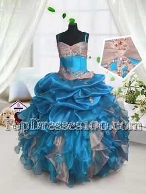 Comfortable Pick Ups Spaghetti Straps Sleeveless Lace Up Girls Pageant Dresses Baby Blue Organza