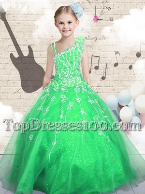 Sleeveless Organza Floor Length Lace Up Flower Girl Dresses for Less in Green for with Beading and Appliques and Hand Made Flower