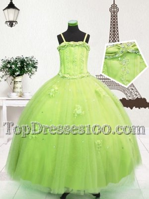 Exceptional Yellow Green Zipper Spaghetti Straps Beading and Appliques Flower Girl Dresses Tulle Sleeveless