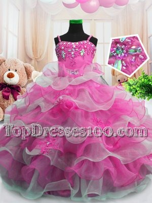 Spaghetti Straps Sleeveless Party Dresses Floor Length Beading and Ruffled Layers Hot Pink Organza