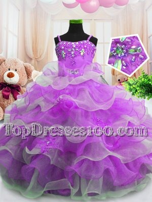 Fine Ruffled Floor Length Purple Flower Girl Dresses Spaghetti Straps Sleeveless Zipper
