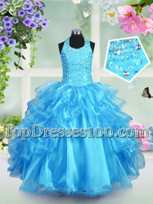 Smart Halter Top Aqua Blue Organza Lace Up Flower Girl Dresses for Less Sleeveless Floor Length Beading and Ruffled Layers