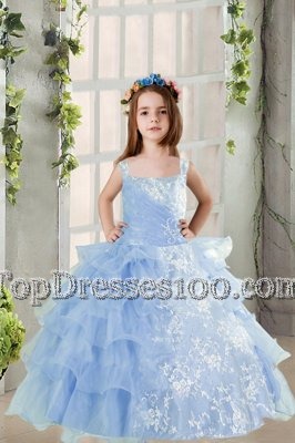 Designer Baby Blue Ball Gowns Organza Spaghetti Straps Long Sleeves Lace and Ruffled Layers Floor Length Lace Up Party Dresses
